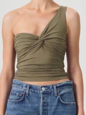 AGOLDE Domino One Shoulder Top Olive Size S | Asymmetrical Minimal Top